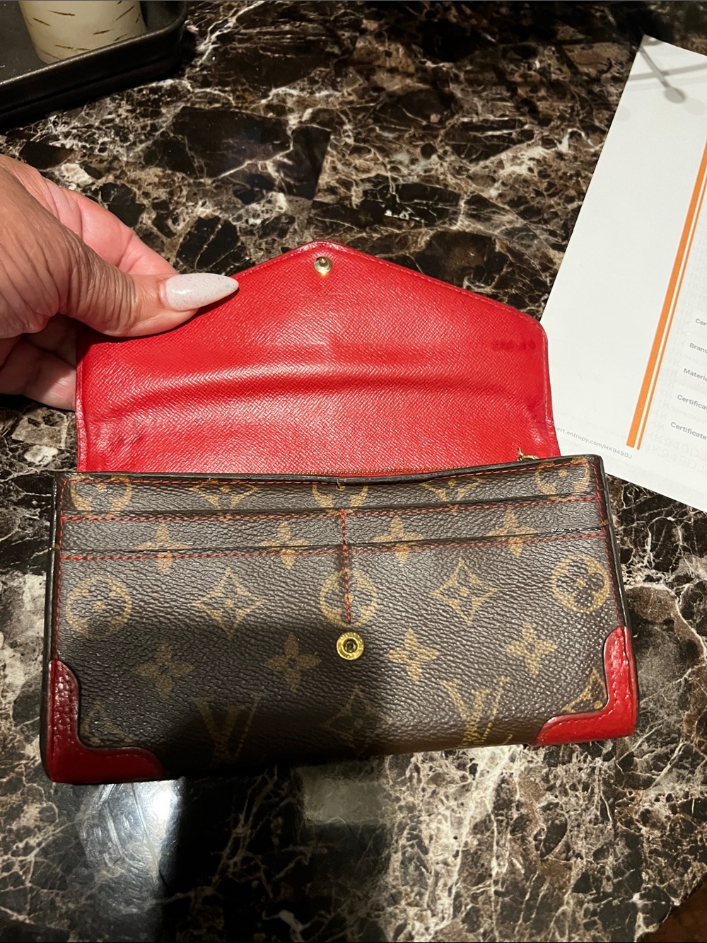 🔥🔥🔥Louis Vuitton Brown Monogram Envelope Wallet with Red Trim with 2 COA! - Picture 7 of 15